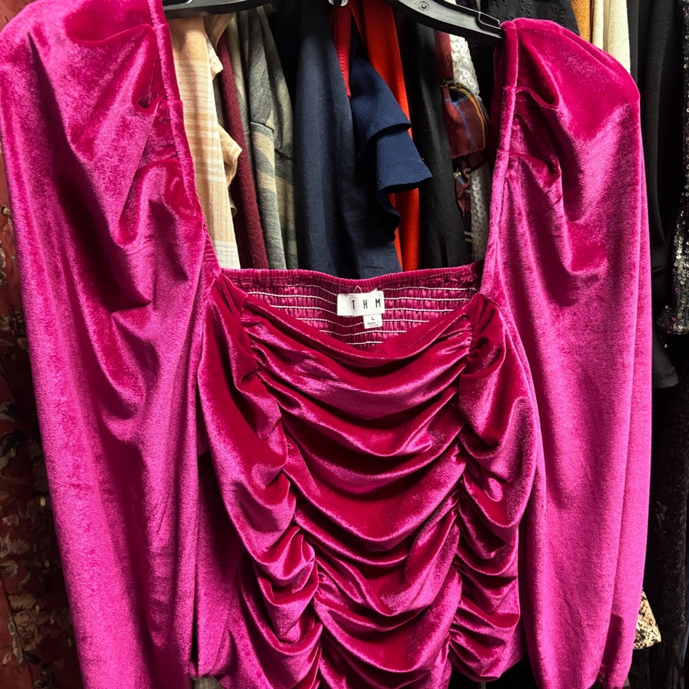 Pink velvet blouse, long sleeve, ruching bodice, large, never worn, tried on!